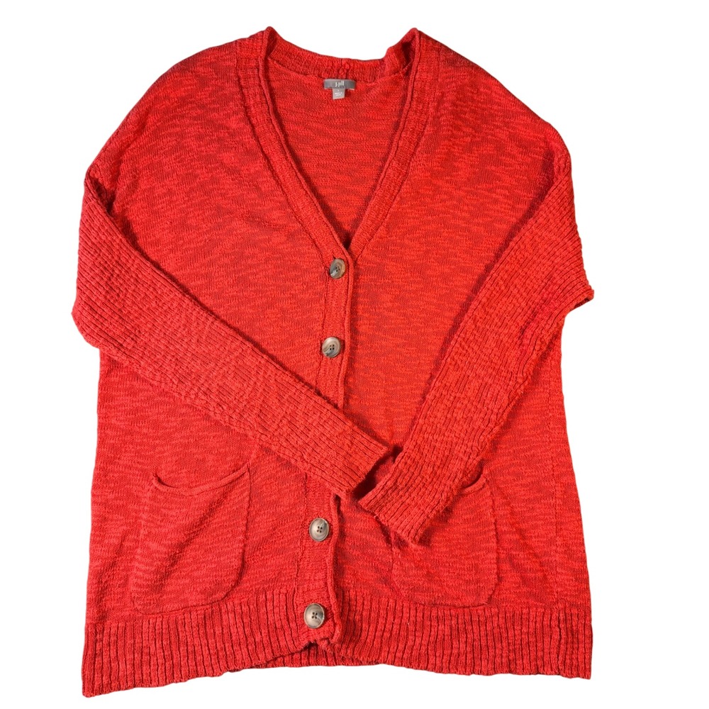 J. Jill Red Marled Knit V-Neck Button Front Cardigan Sweater Pockets Large